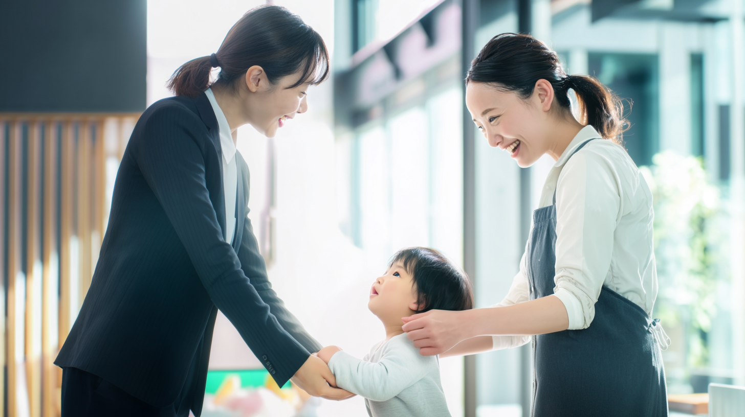 笑顔で保育士に子どもを預けるスーツ姿の母親と保育士